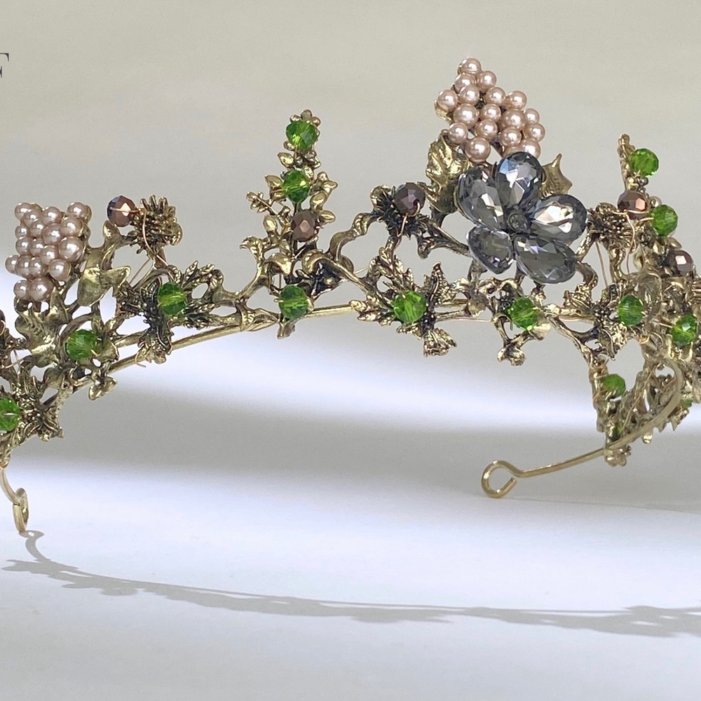Elegant Floral Tiara with Green and Pearl Accents, Renaissance Faire Crown - Picture 6 of 6
